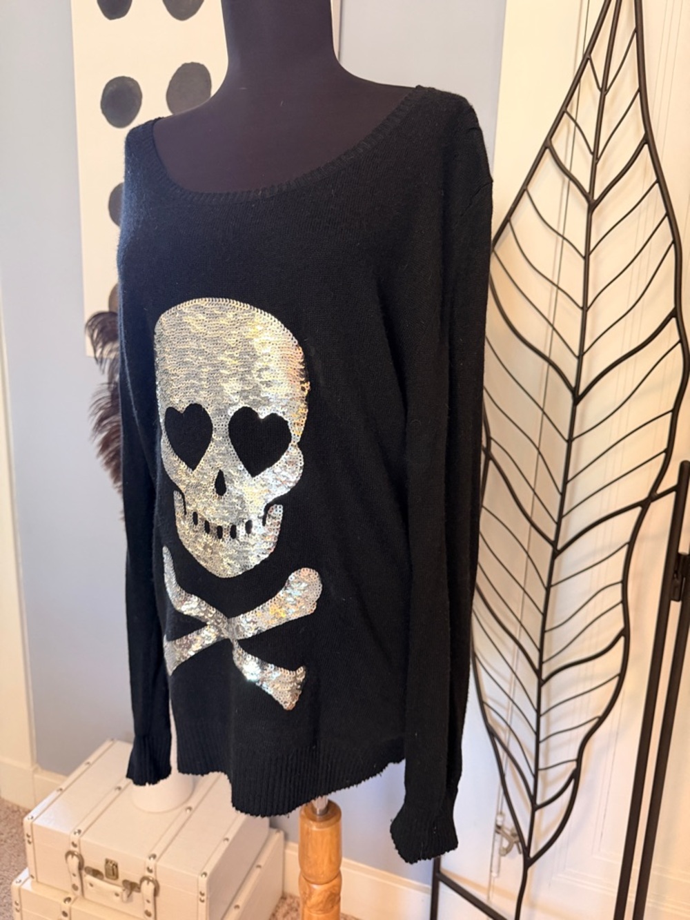~Wildfox Silver Sequin Skull Black Scoop Neck Sweater Sz. S *EUC* MSRP: $198+tax